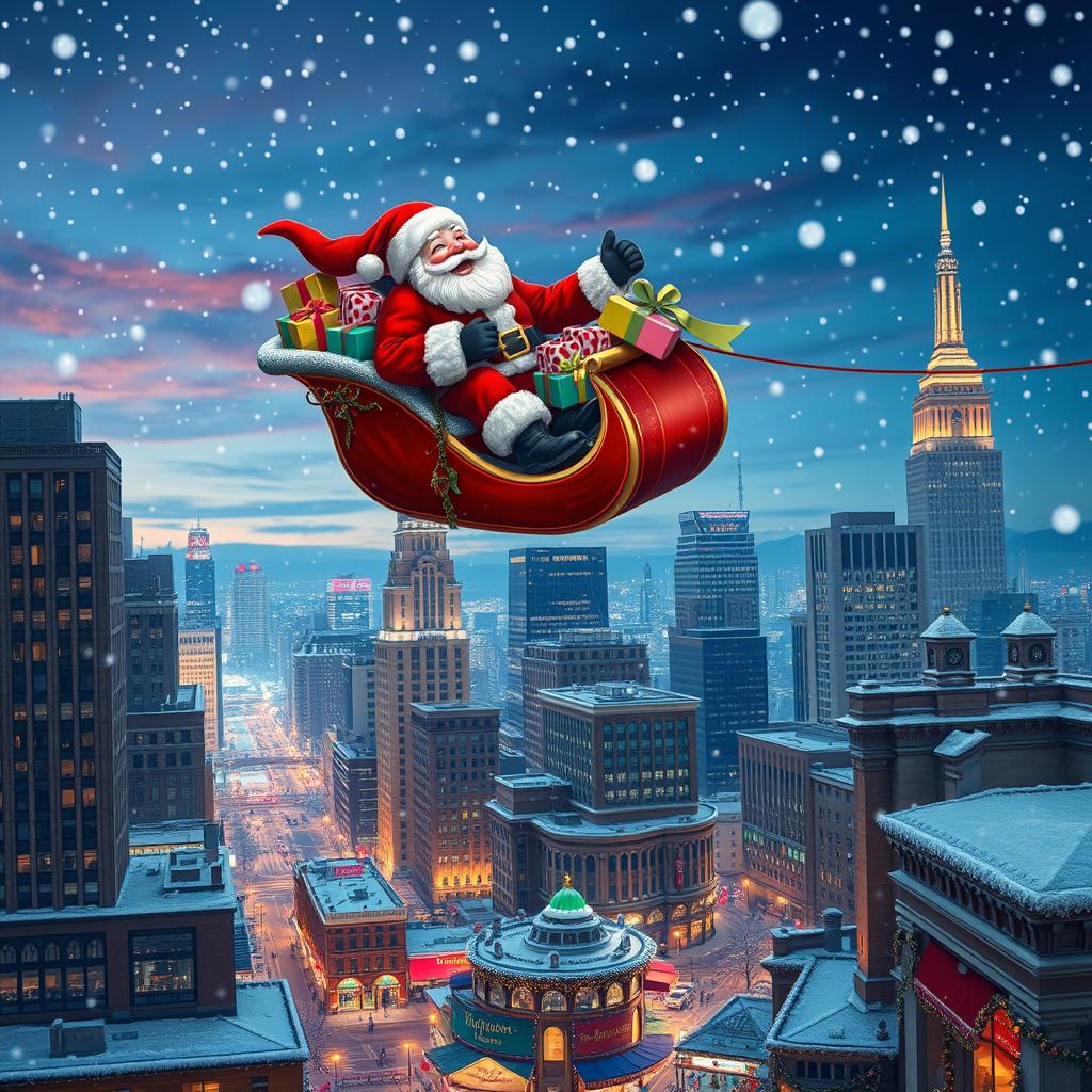 Santa Claus laughing joyfully as he flies in a traditional red sleigh filled to the brim with colorful presents, soaring above a stunningly detailed big city adorned with sparkling lights and festive decorations