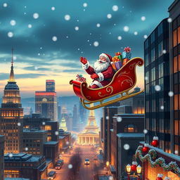 Santa Claus laughing joyfully as he flies in a traditional red sleigh filled to the brim with colorful presents, soaring above a stunningly detailed big city adorned with sparkling lights and festive decorations