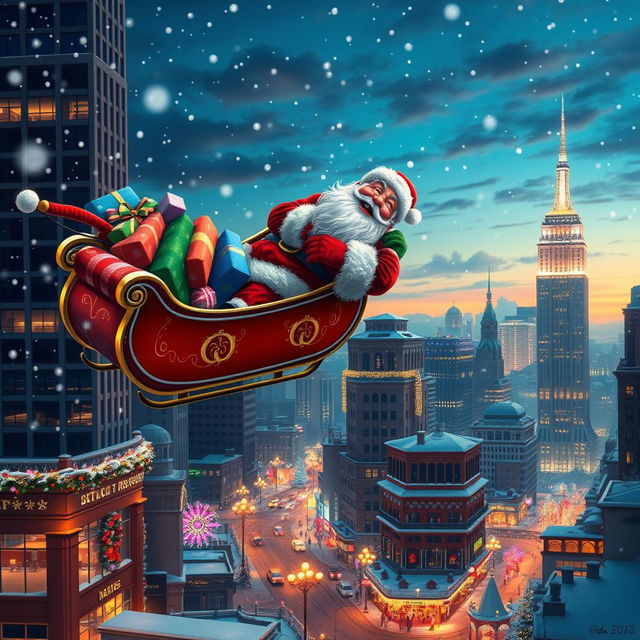 Santa Claus laughing joyfully as he flies in a traditional red sleigh filled to the brim with colorful presents, soaring above a stunningly detailed big city adorned with sparkling lights and festive decorations