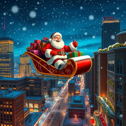 Santa Claus laughing joyfully as he flies in a traditional red sleigh filled to the brim with colorful presents, soaring above a stunningly detailed big city adorned with sparkling lights and festive decorations