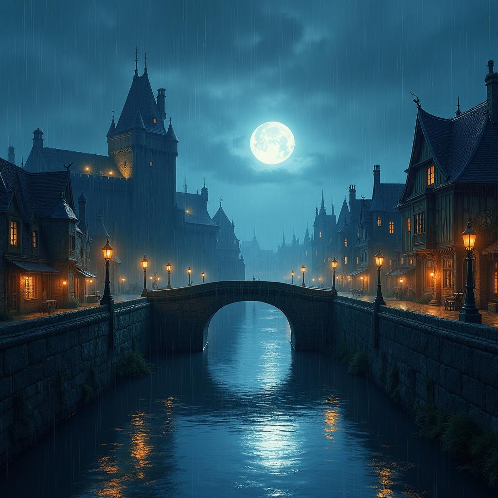 A wide canal illuminated by moonlight at night, with heavy rain pouring down