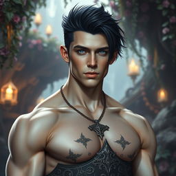 A stunningly handsome young man with a chiseled jaw and well-defined muscles, showcasing his athletic build