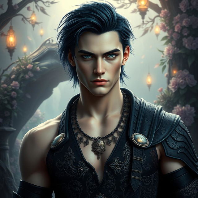A stunningly handsome young man with a chiseled jaw and well-defined muscles, showcasing his athletic build