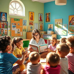 A vibrant scene depicting a religious education class for children, with a diverse group of happy, engaged children sitting in a brightly colored classroom filled with religious art, posters of various faiths, and interactive learning materials