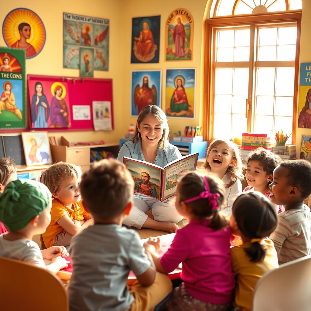 A vibrant scene depicting a religious education class for children, with a diverse group of happy, engaged children sitting in a brightly colored classroom filled with religious art, posters of various faiths, and interactive learning materials