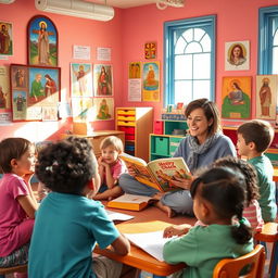 A vibrant scene depicting a religious education class for children, with a diverse group of happy, engaged children sitting in a brightly colored classroom filled with religious art, posters of various faiths, and interactive learning materials