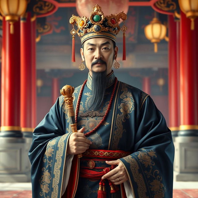 A depiction of Emperor Ling of the Han Dynasty, portrayed as a regal figure in traditional Han Chinese royal clothing, adorned with intricate patterns and rich colors