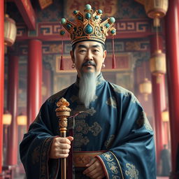 A depiction of Emperor Ling of the Han Dynasty, portrayed as a regal figure in traditional Han Chinese royal clothing, adorned with intricate patterns and rich colors