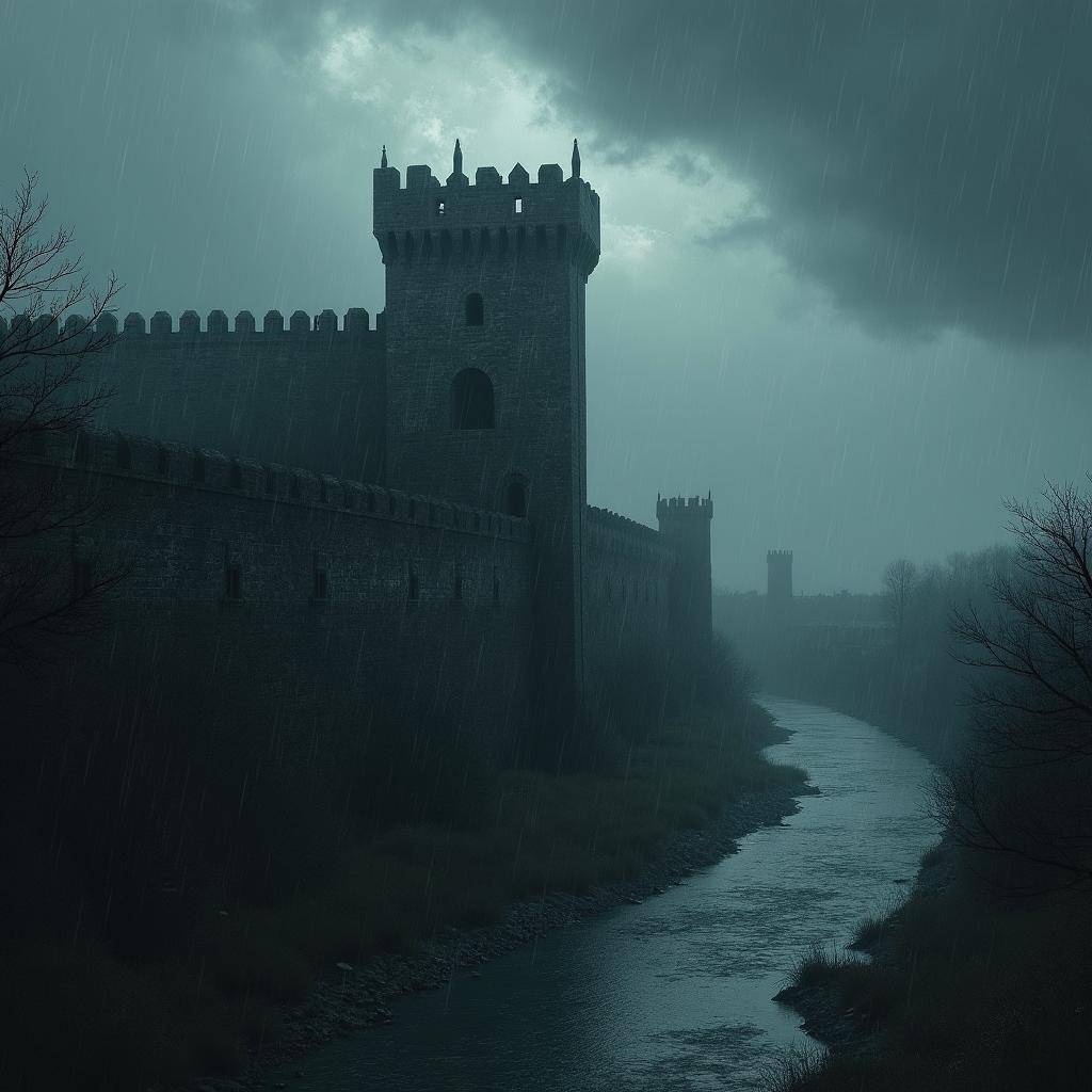 A dark, foreboding medieval fort looming over a dreary landscape