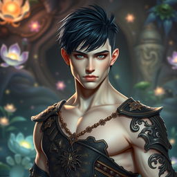 A stunningly handsome young man with a chiseled jawline and impressive muscles, portraying strength and allure