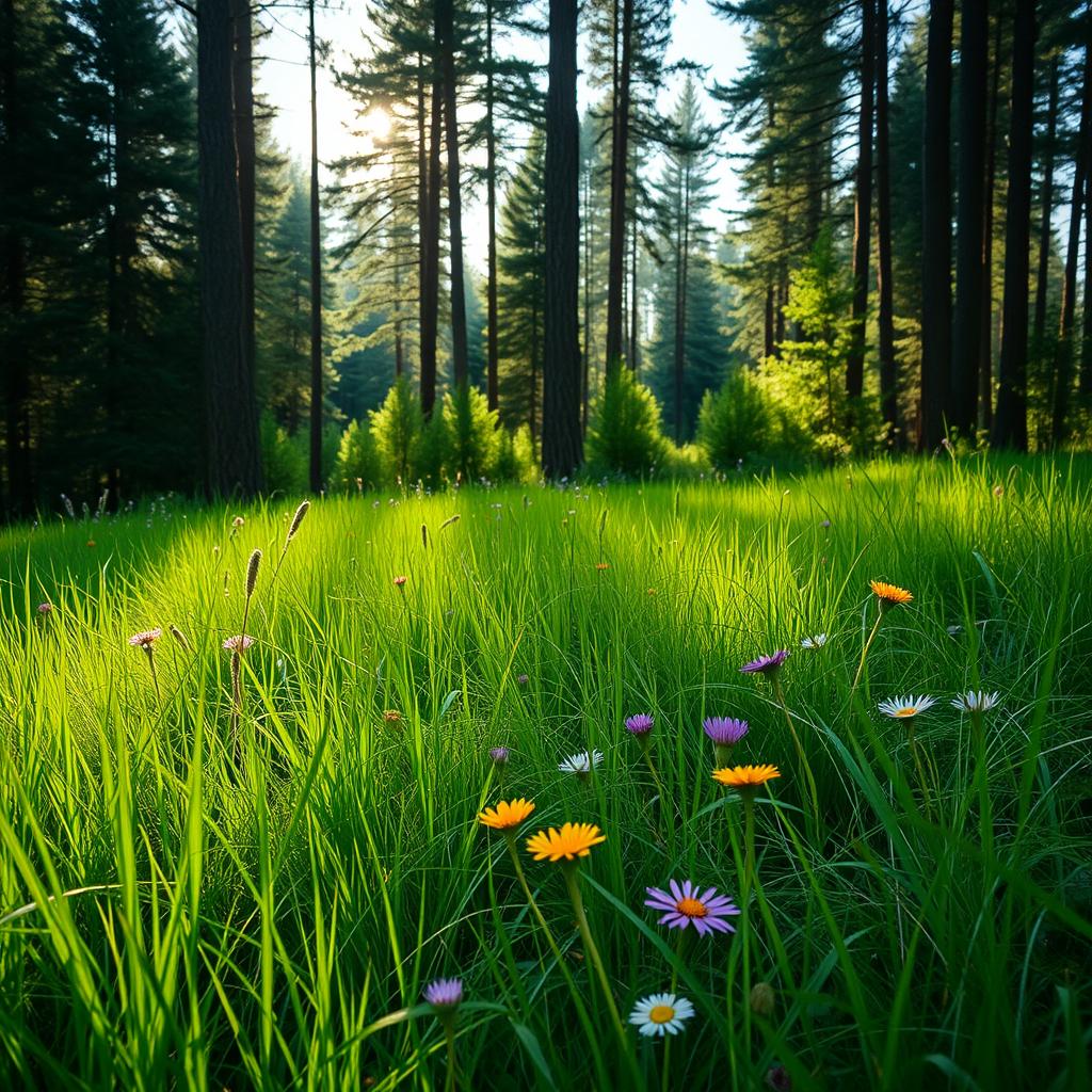 A lush green meadow in a forest, with vibrant wildflowers blooming among the grass