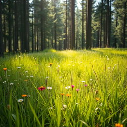 A lush green meadow in a forest, with vibrant wildflowers blooming among the grass