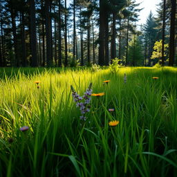 A lush green meadow in a forest, with vibrant wildflowers blooming among the grass