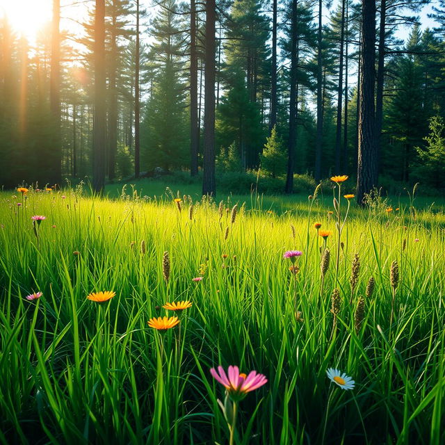 A lush green meadow in a forest, with vibrant wildflowers blooming among the grass