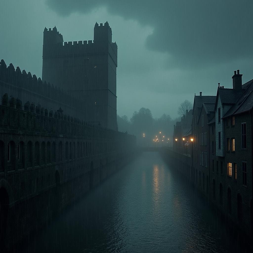 A dark, foreboding medieval fort looming majestically with high stone walls and battlements, standing against a heavy downpour