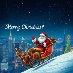 Santa Claus joyfully saying 'Merry Christmas!' while flying in a festive sleigh towed by a team of vibrant reindeer