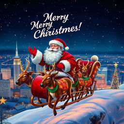 Santa Claus joyfully saying 'Merry Christmas!' while flying in a festive sleigh towed by a team of vibrant reindeer