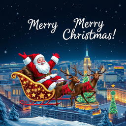 Santa Claus joyfully saying 'Merry Christmas!' while flying in a festive sleigh towed by a team of vibrant reindeer