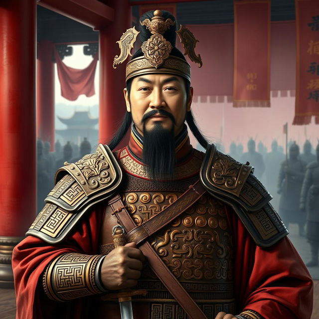 A historical portrait of Cao Cao, the Prime Minister of the Han Dynasty, depicted as a commanding and strategic warlord