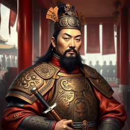 A historical portrait of Cao Cao, the Prime Minister of the Han Dynasty, depicted as a commanding and strategic warlord