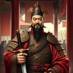 A historical portrait of Cao Cao, the Prime Minister of the Han Dynasty, depicted as a commanding and strategic warlord