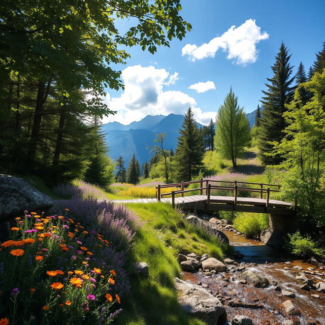 A serene mountain trail surrounded by lush green trees and vibrant wildflowers in full bloom