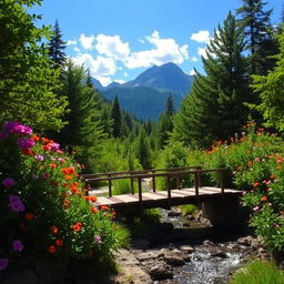 A serene mountain trail surrounded by lush green trees and vibrant wildflowers in full bloom