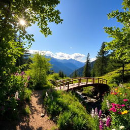 A serene mountain trail surrounded by lush green trees and vibrant wildflowers in full bloom