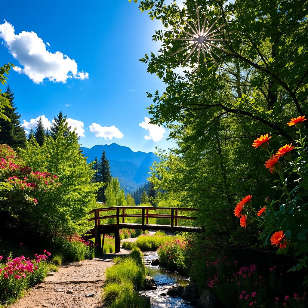 A serene mountain trail surrounded by lush green trees and vibrant wildflowers in full bloom