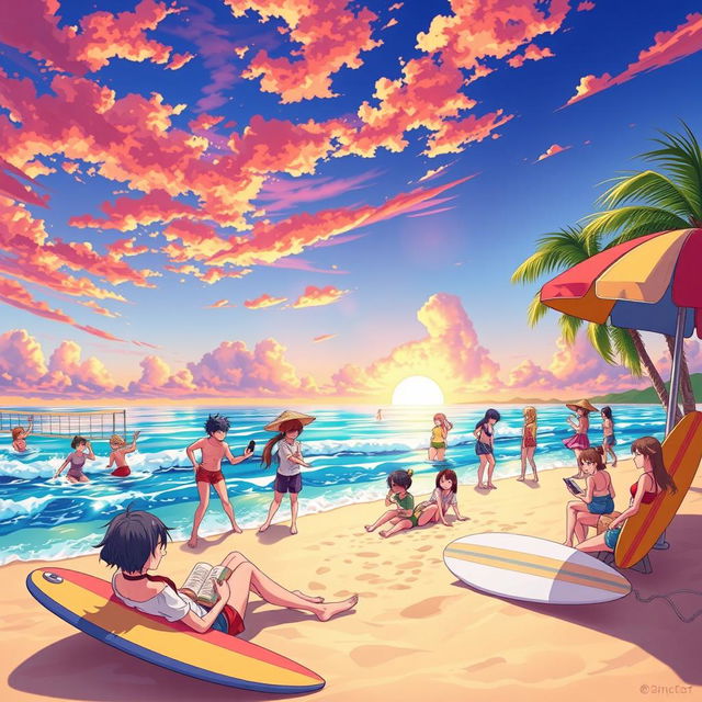 A vibrant and colorful anime scene set on a beautiful beach during sunset