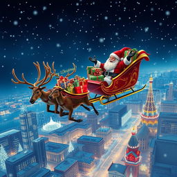 Santa Claus cheerfully saying 'Merry Christmas!' while flying in a sleigh overflowing with beautifully wrapped presents, towed by a team of majestic reindeer