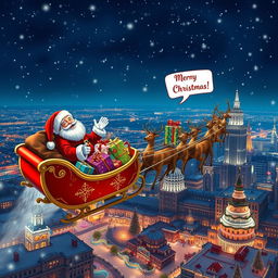 Santa Claus cheerfully saying 'Merry Christmas!' while flying in a sleigh overflowing with beautifully wrapped presents, towed by a team of majestic reindeer