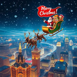Santa Claus cheerfully saying 'Merry Christmas!' while flying in a sleigh overflowing with beautifully wrapped presents, towed by a team of majestic reindeer