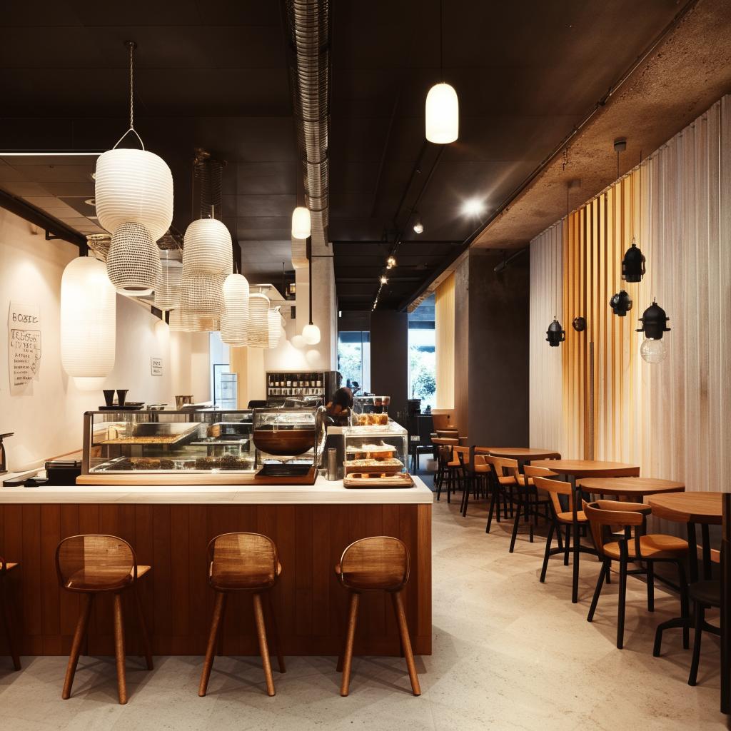 A contemporary style café, with modern furniture, sleek design elements, and chic decor