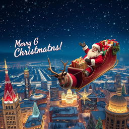 Santa Claus cheerfully saying 'Merry Christmas!' while flying in a sleigh overflowing with beautifully wrapped presents, towed by a team of majestic reindeer