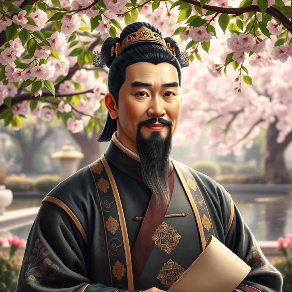 A regal portrait of Wang Yun, the Prime Minister of the Han Dynasty, depicted as a wise and dignified statesman