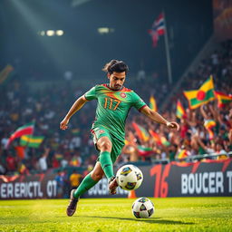 A dynamic and energetic scene featuring Hamza Chowdhury, a football player known for his skills, depicted in a vibrant green jersey with the number 17 representing Bangladesh