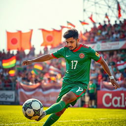A dynamic and energetic scene featuring Hamza Chowdhury, a football player known for his skills, depicted in a vibrant green jersey with the number 17 representing Bangladesh