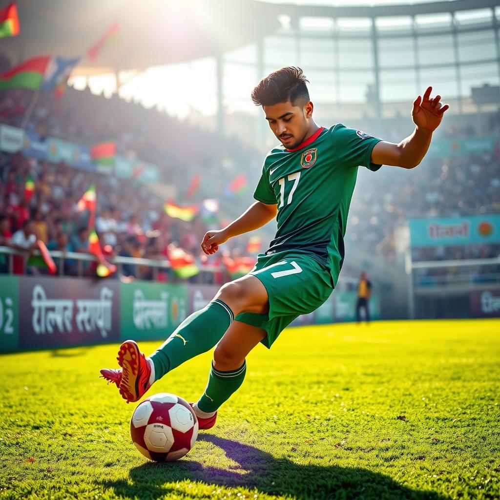 A dynamic and energetic scene featuring Hamza Chowdhury, a football player known for his skills, depicted in a vibrant green jersey with the number 17 representing Bangladesh