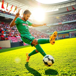 A dynamic and energetic scene featuring Hamza Chowdhury, a football player known for his skills, depicted in a vibrant green jersey with the number 17 representing Bangladesh