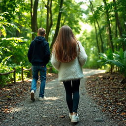 A girl walking gracefully along a gravel path in the heart of the jungle, with long hair cascading down her back