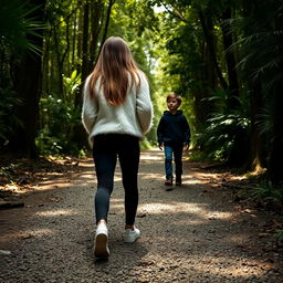 A girl walking gracefully along a gravel path in the heart of the jungle, with long hair cascading down her back