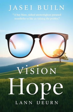 A visually captivating book cover that addresses vision problems, featuring a serene landscape with a clear blue sky and a pair of oversized glasses in the foreground
