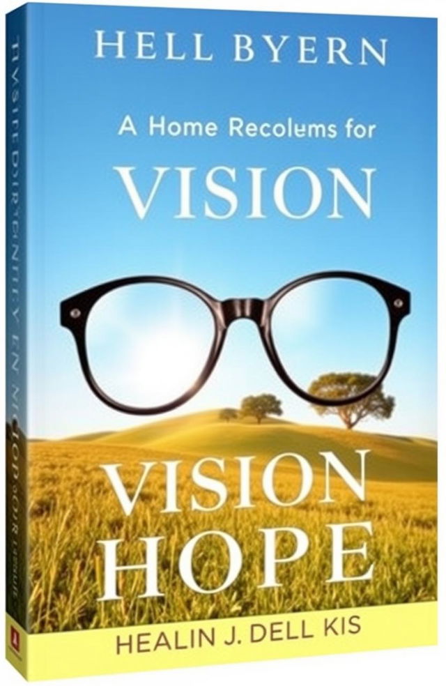 A visually captivating book cover that addresses vision problems, featuring a serene landscape with a clear blue sky and a pair of oversized glasses in the foreground