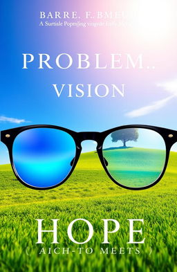 A visually captivating book cover that addresses vision problems, featuring a serene landscape with a clear blue sky and a pair of oversized glasses in the foreground