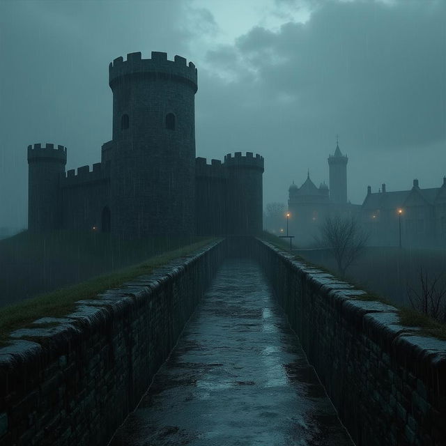 A small, dark and foreboding medieval fort looming over a stormy landscape, surrounded by an ominous atmosphere