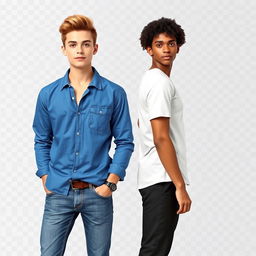 Two people standing side by side, both at the same height, against a transparent background