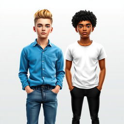 Two people standing side by side, both at the same height, against a transparent background