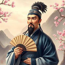 A dignified portrait of Zhuge Liang, the Prime Minister of the Shu Kingdom, depicted as a wise and revered strategist