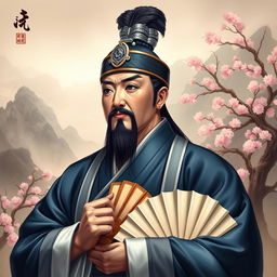 A dignified portrait of Zhuge Liang, the Prime Minister of the Shu Kingdom, depicted as a wise and revered strategist